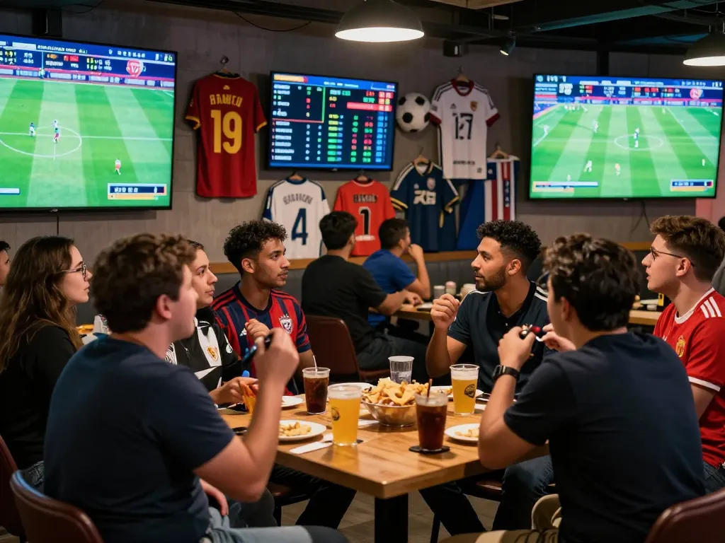 Exciting sports analysis at 7m with fans discussing live scores and match stats