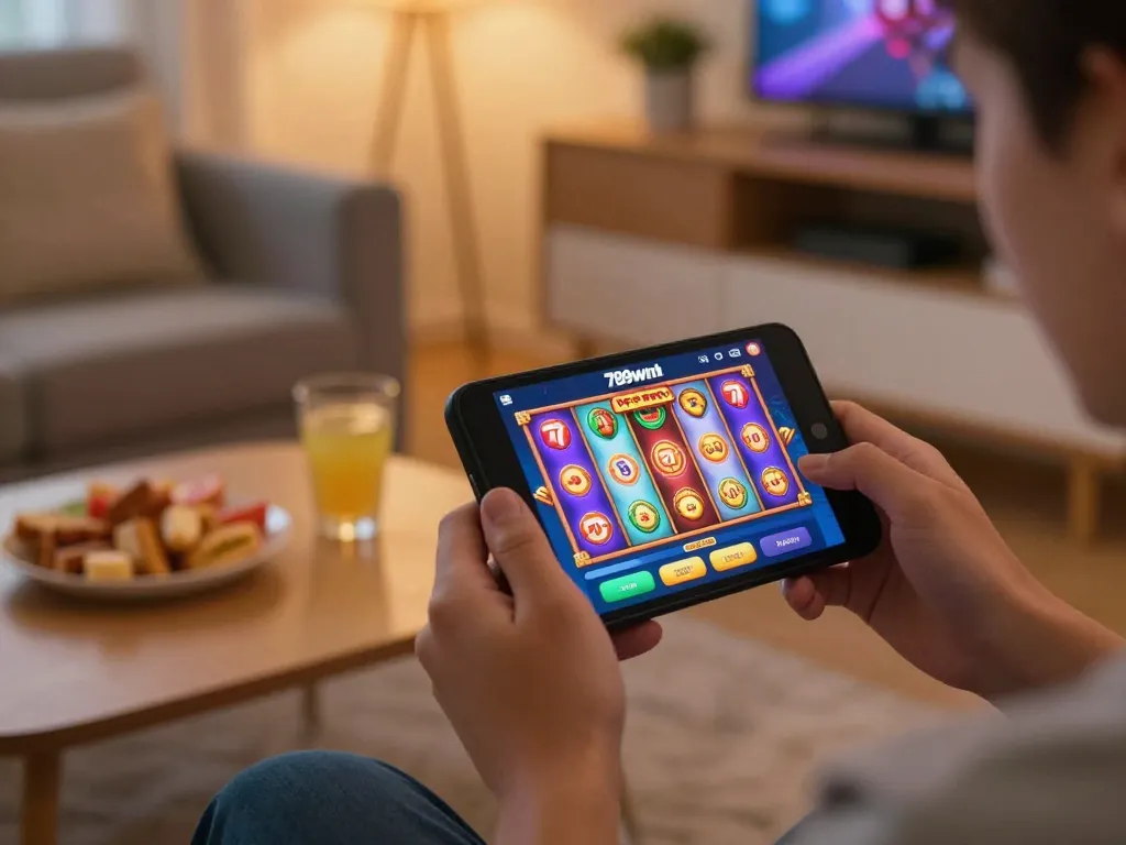 Players engaging with the 789winh casino app on mobile device, exploring vibrant slot game