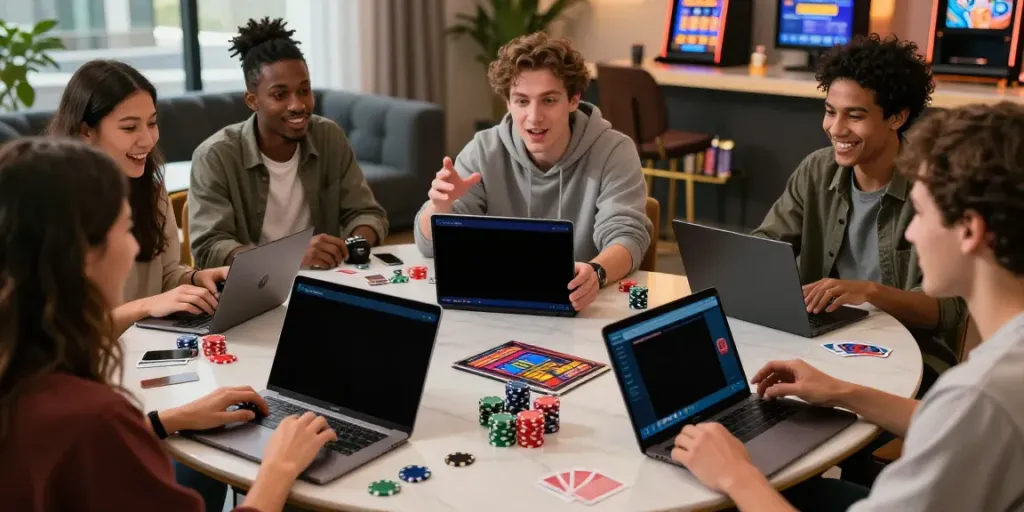 Diverse friends enjoying an interactive DA88 online gambling experience, engaging with strategy and devices in a modern lounge.