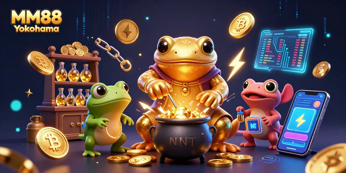 Engage in thrilling gameplay at MM88 Yokohama with gold coins and shimmering crypto elements.