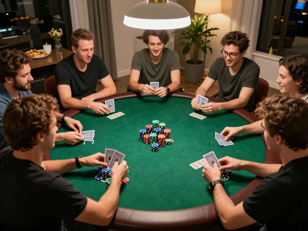 Players enjoying a thrilling poker game at home, engaging in strategic moves with rich poker chips and cards on the table at rik vip.