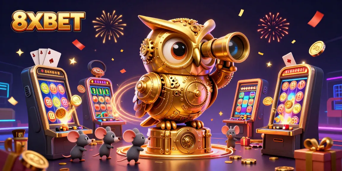 Explore thrilling slot games with 8XBET's colorful casino scene featuring a golden owl and dynamic action.