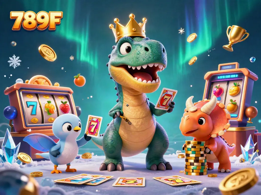 Engage in casino fun with 789F as a T-Rex shuffles cards under colorful lights and golden trophies.
