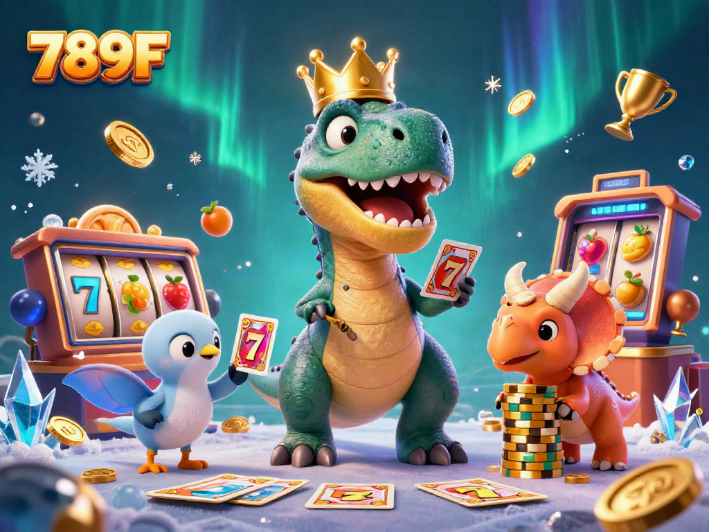 Engage in casino fun with 789F as a T-Rex shuffles cards under colorful lights and golden trophies.