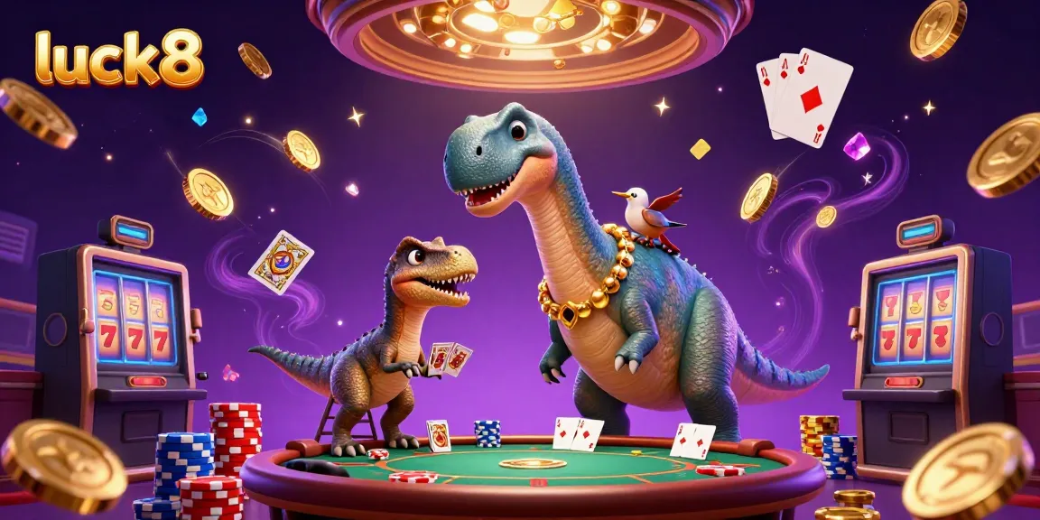 Engage in thrilling casino action with luck8 as a brontosaurus overlooks a poker table
