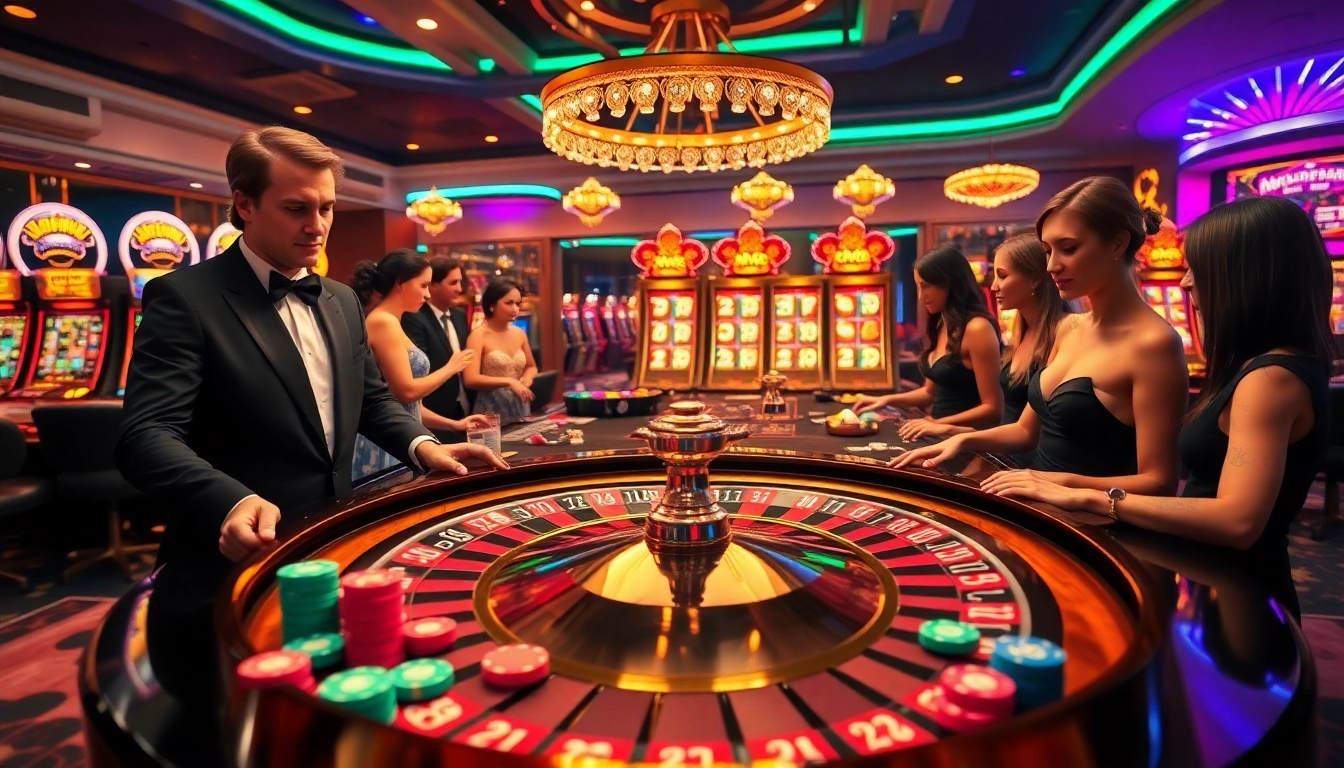 Players experiencing the thrill of lucky win at an exciting casino roulette table surrounded by colorful chips and slot machines.