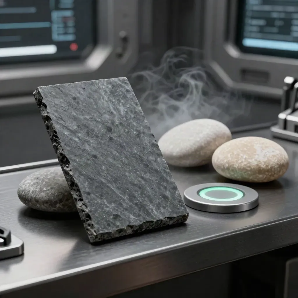 Matte slate risk tile with pebble markers and a ringed status chip on brushed pewter.