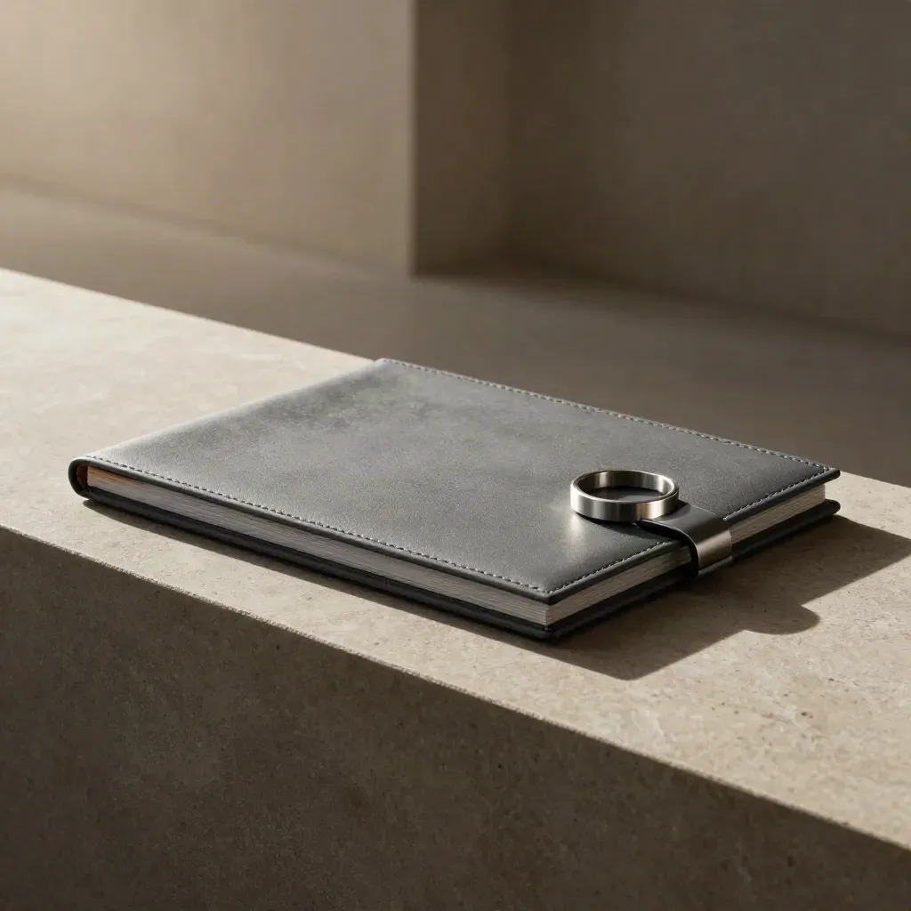 Graphite access folio, token ring, wallet puck and profile tile on stone in soft morning light.