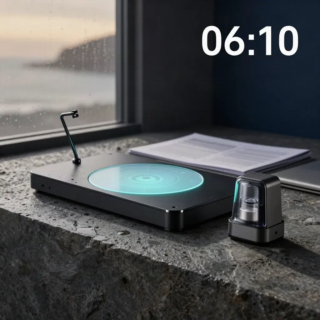 Matte-black launch console with radar disc, wallet puck, alert beacon and folio in coastal dawn mist.
