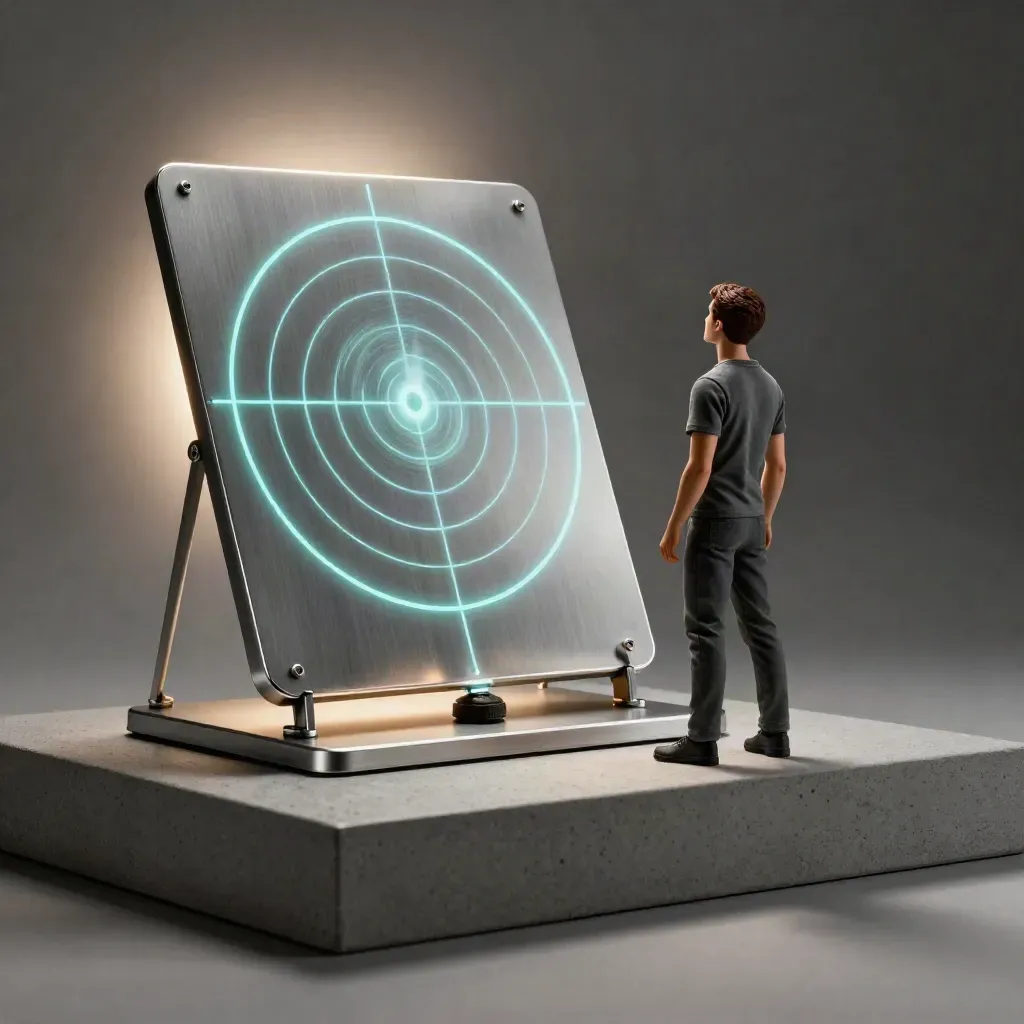 Low-angle studio hero of a radar slab with cyan launch rings and mist.