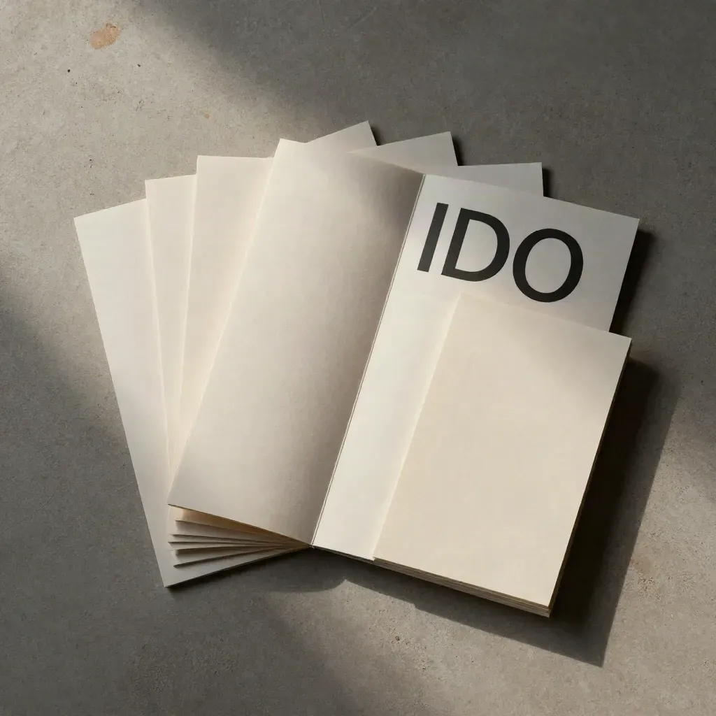 Overhead flatlay of IDO research sheets, spine card and note tiles on pale concrete.