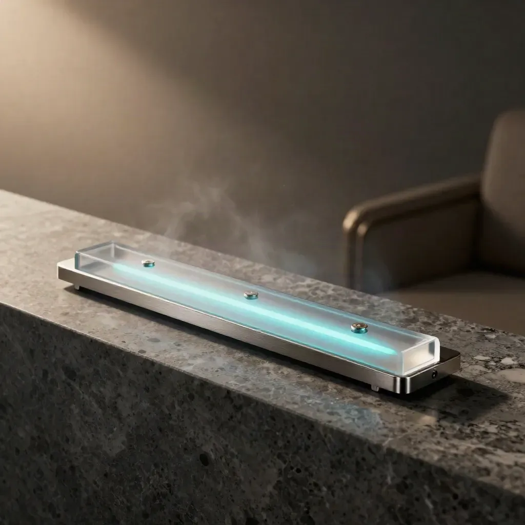 Translucent crypto feed bar with cyan signals on travertine, low side angle