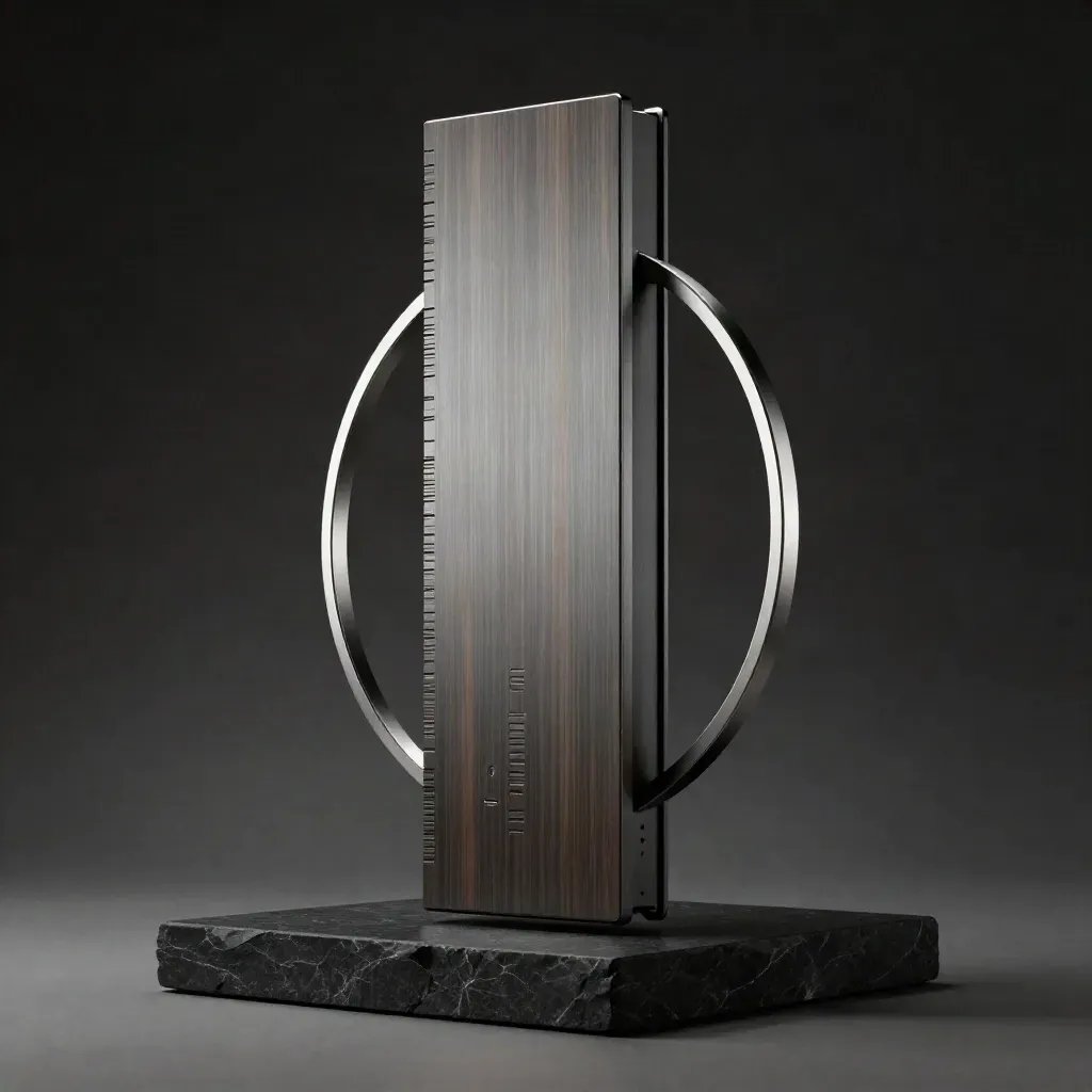 Tall crypto profile slab with ring detail, silver accents, and dramatic studio haze.