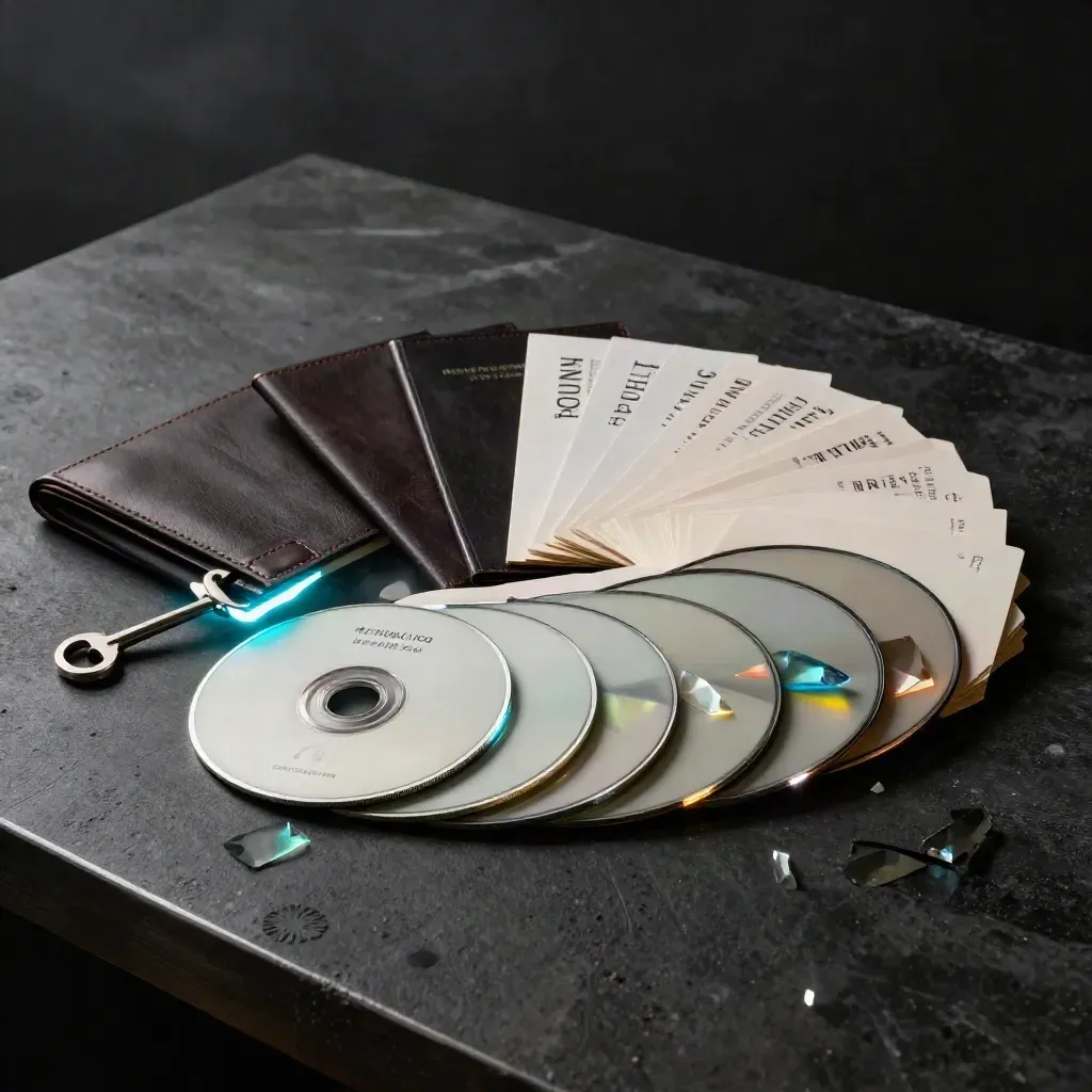 Dark research folios, token discs and prism shards glowing cyan on a concrete slab.