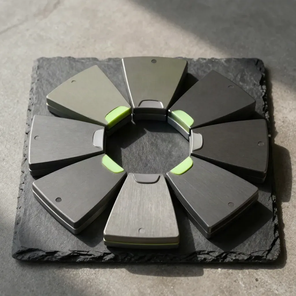 Top-down flatlay of five exchange-marker tiles around a dark hub with two green beacon wedges.