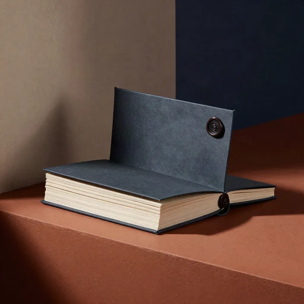 Folded research folio with layered inserts, wax clasp, and slate booklet on a terracotta plinth.