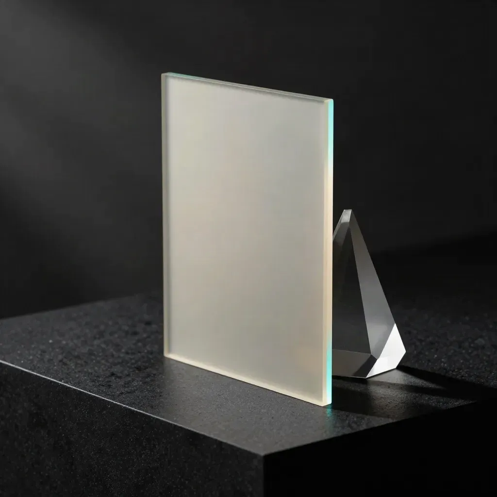 Dark product shot of a translucent profile slab and prism casting long shadows