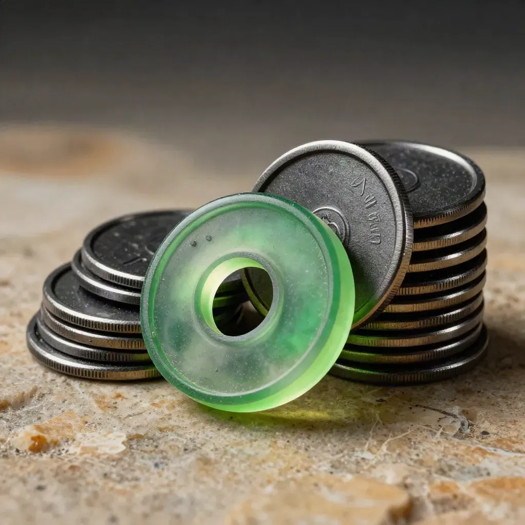 Macro of graphite score chips and a glowing green token ring on stone.