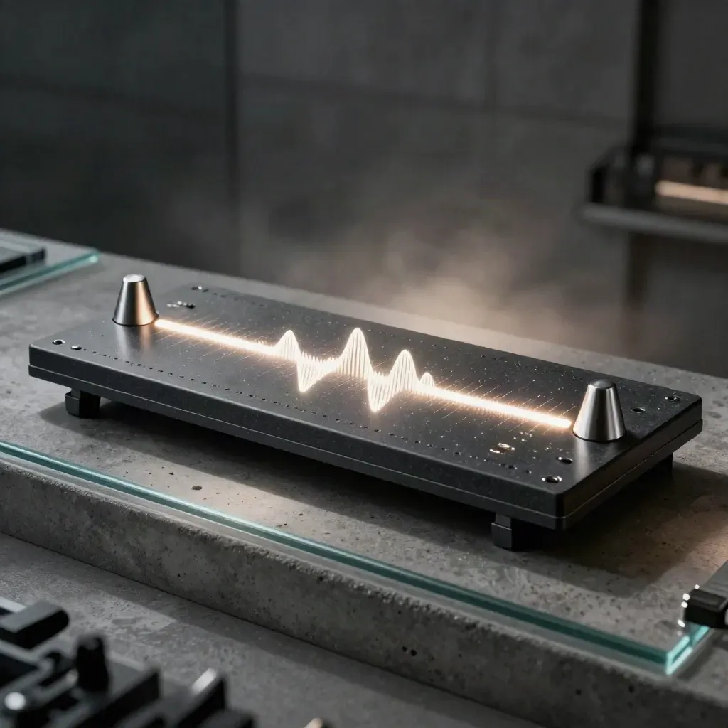 Graphite market pulse board with glowing nodes and silver beacons on cool concrete.