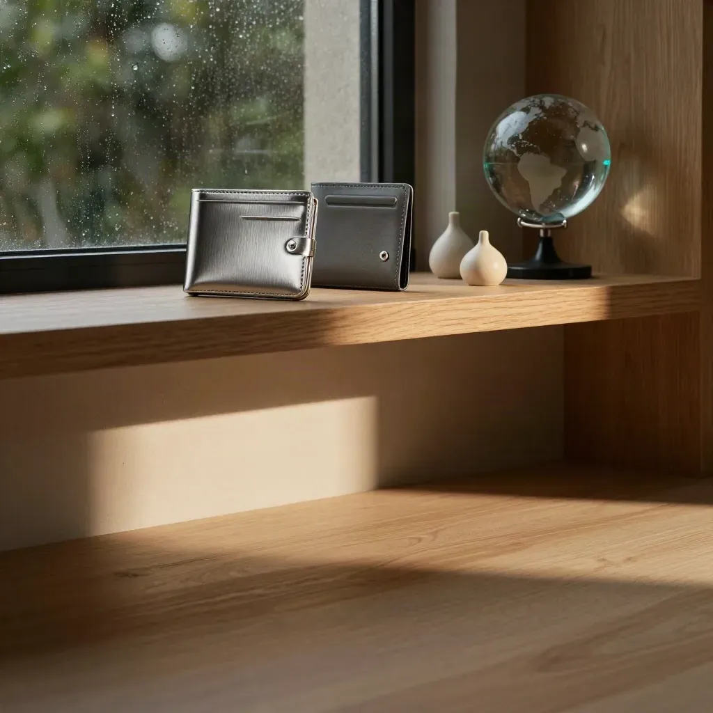 Oak shelf by rain-specked window with hardware wallet, ceramics and glass globe