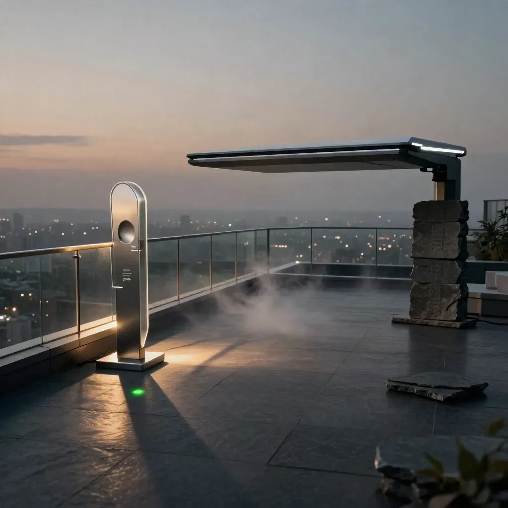 Sunlit rooftop terrace with glass parapets, mist, and distant city lights.