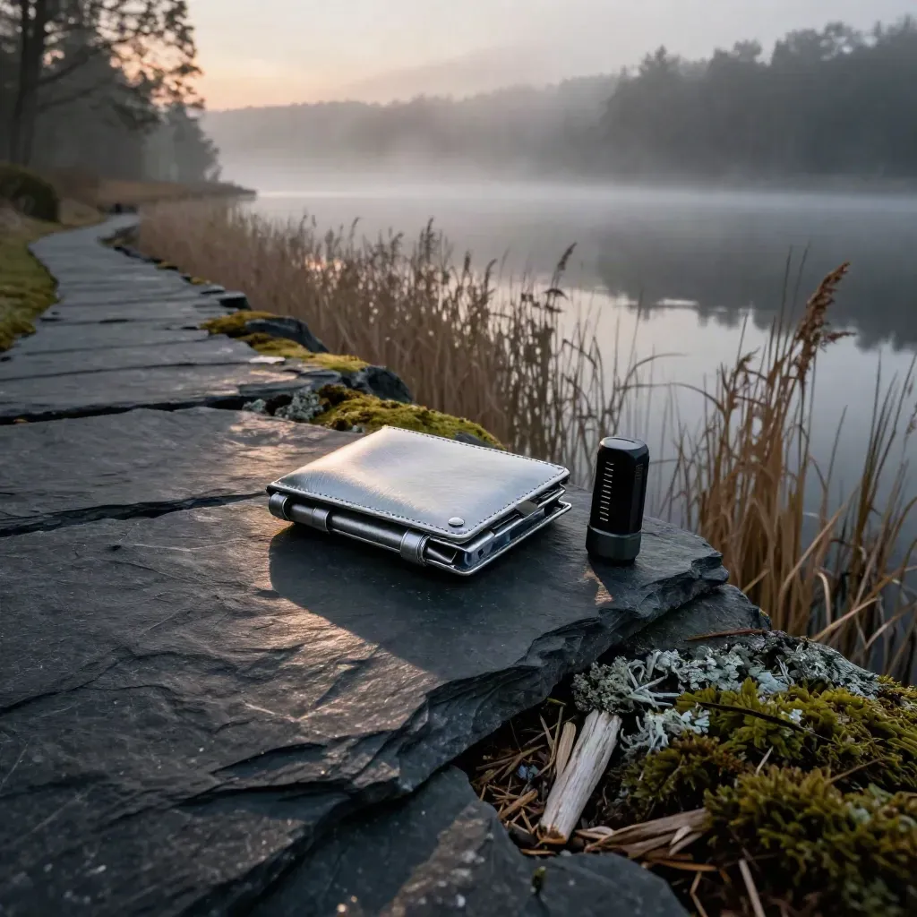 Foggy slate lakeside path with moss, reeds, and subtle crypto hardware in blue hour.