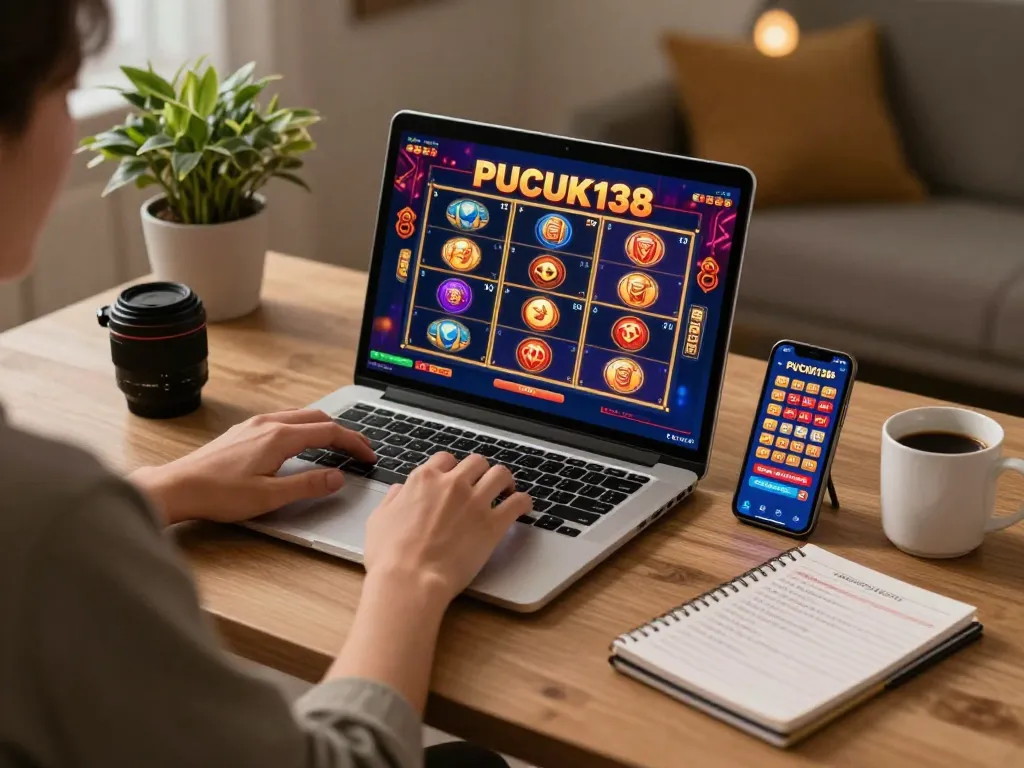 Player enjoying online slots on PUCUK138 while writing winning strategies, cozy home setting with gaming tech.