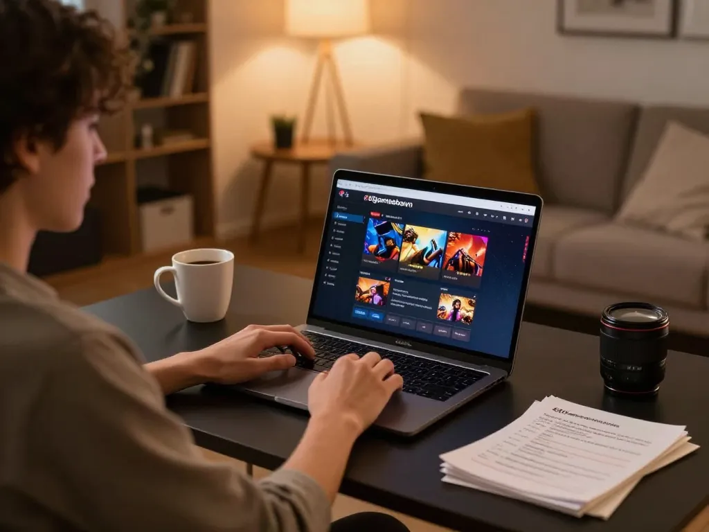 Engaging home gaming scene with a player using 68gamebaivn on a laptop for online gameplay.