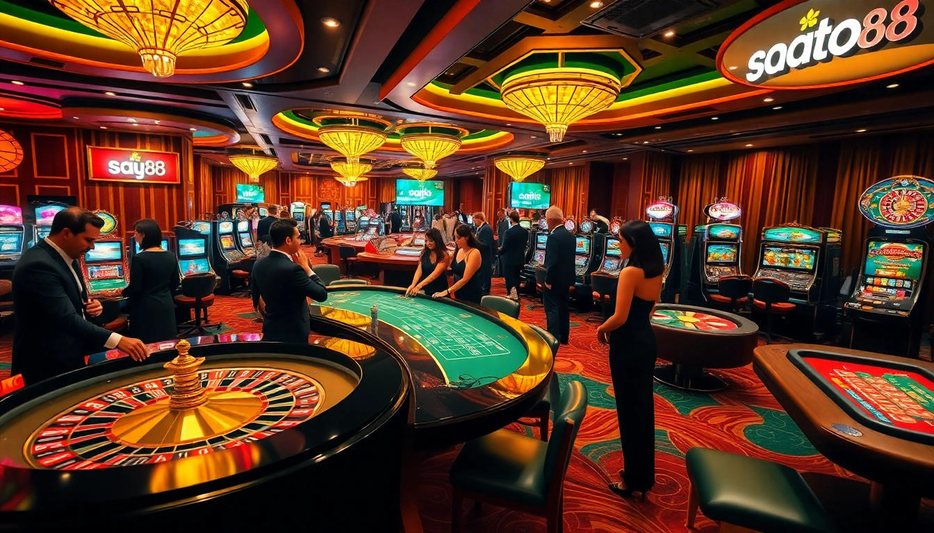 SAY88 casino players enjoying table games in a luxurious, vibrant setting.