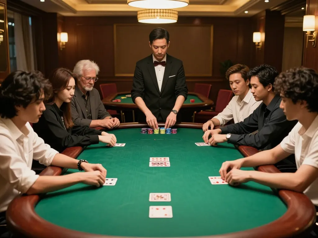 32win11 players strategizing during an intense poker match in an upscale environment