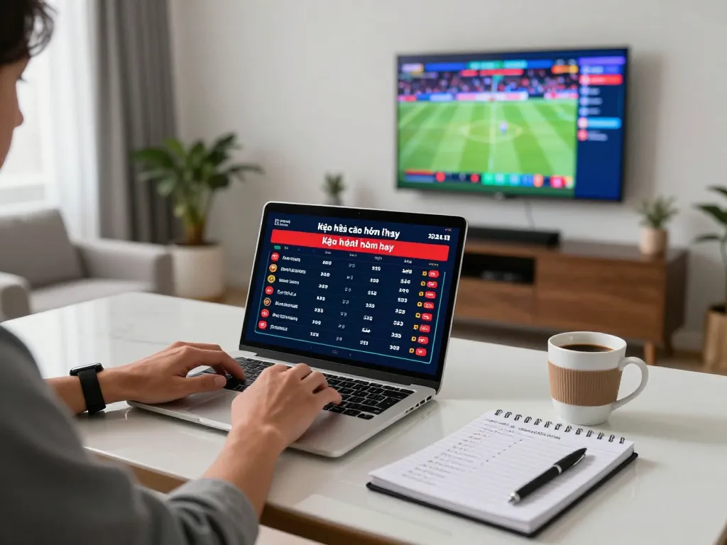 Engaging online betting setup focusing on kèo nhà cái hôm nay with live sports on screen, showcasing strategic gambling atmosphere.