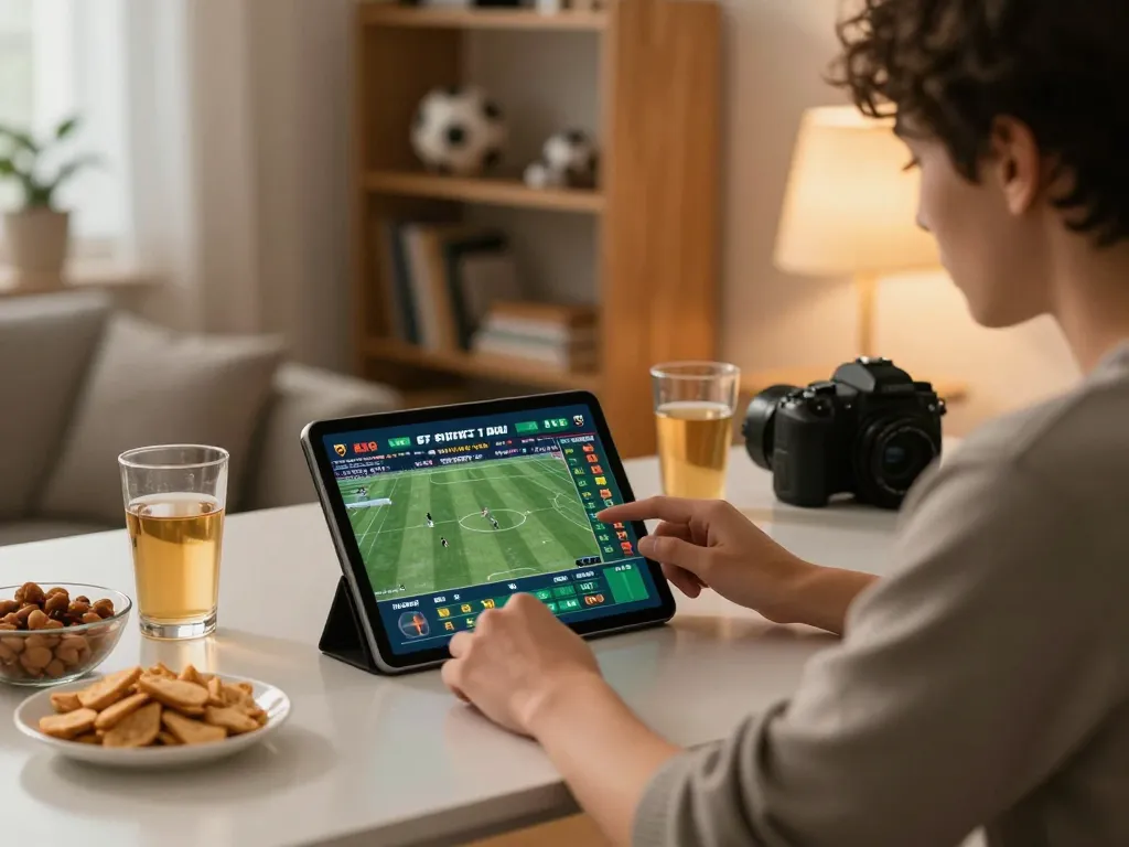 Engaging in kèo nhà cái 5 betting on a tablet while enjoying snacks in a cozy atmosphere.