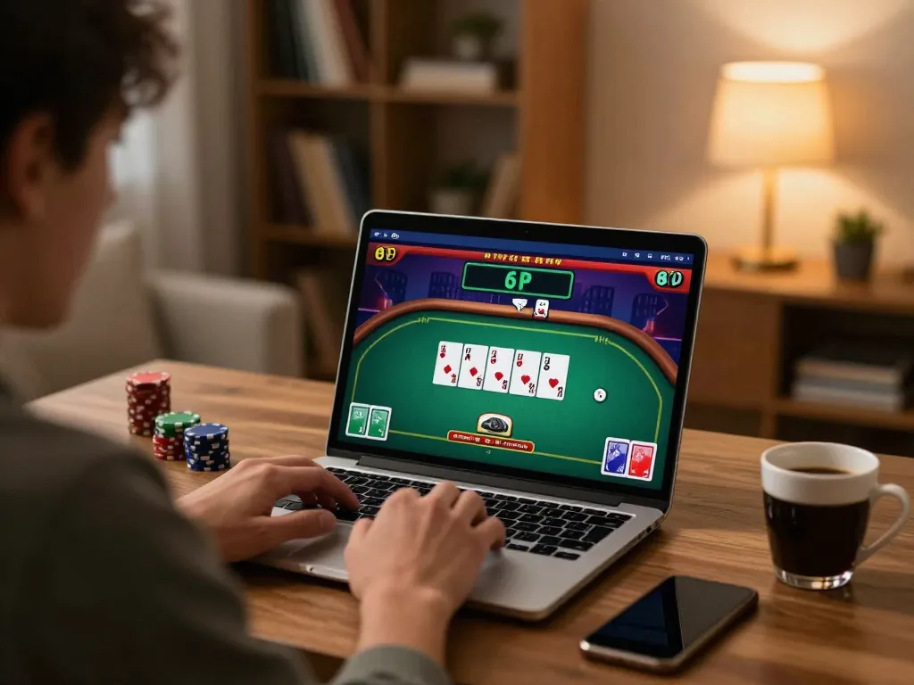 Player engaging in online poker with km777 on laptop, showcasing an immersive at-home gaming experience.