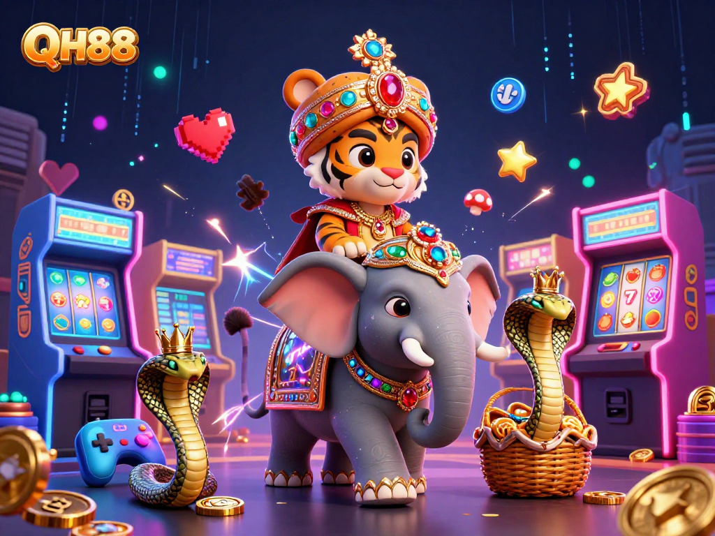 Experience the vibrant QH88 casino atmosphere with a colorful 3D scene featuring slot reels and characters.