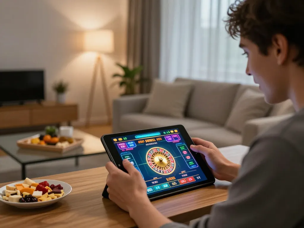 Engaging in online gaming with a tablet displaying 789 win roulette action in a cozy living room