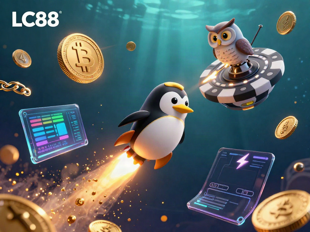 Engage with LC88 as a golden penguin ventures towards a vibrant casino in space, amidst glowing crypto elements.