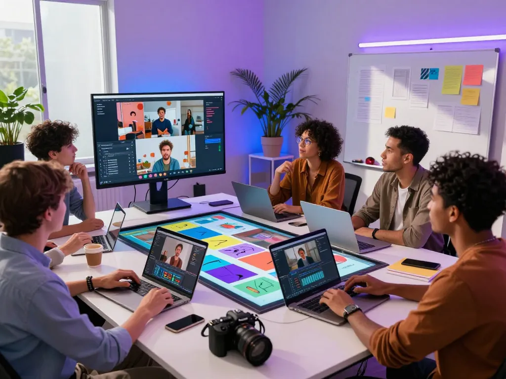 Creators utilizing Seedance AI for innovative video projects in a vibrant studio.