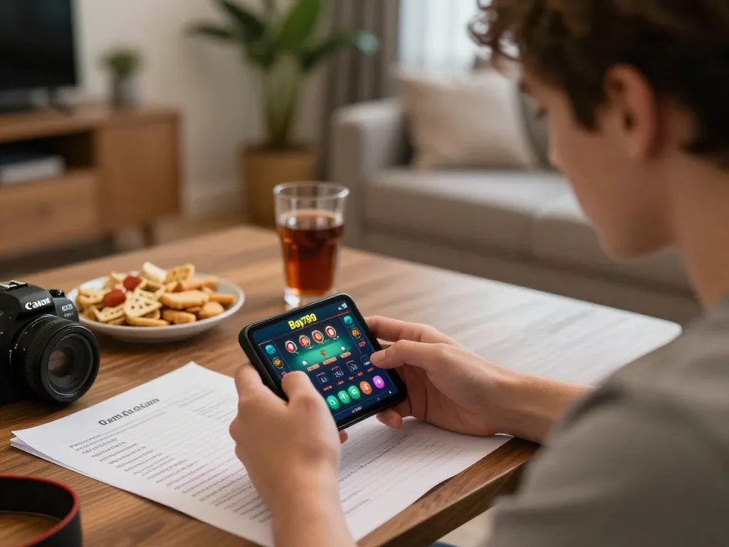 Player analyzing strategies while enjoying Bay789 online casino gaming at home