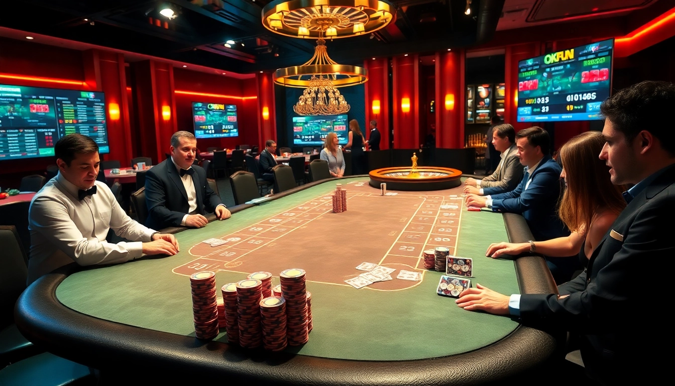 Excited players at OKFUN engage in a high-stakes poker game amidst a luxurious casino backdrop.