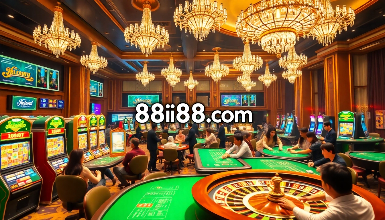 A vibrant casino scene showcasing players at tables, embodying the excitement of gambling at 88ii88.com.