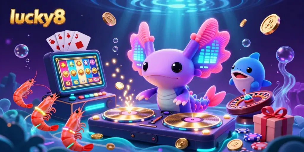 Experience the excitement of lucky8 with vibrant characters and casino elements in a dazzling underwater scene.