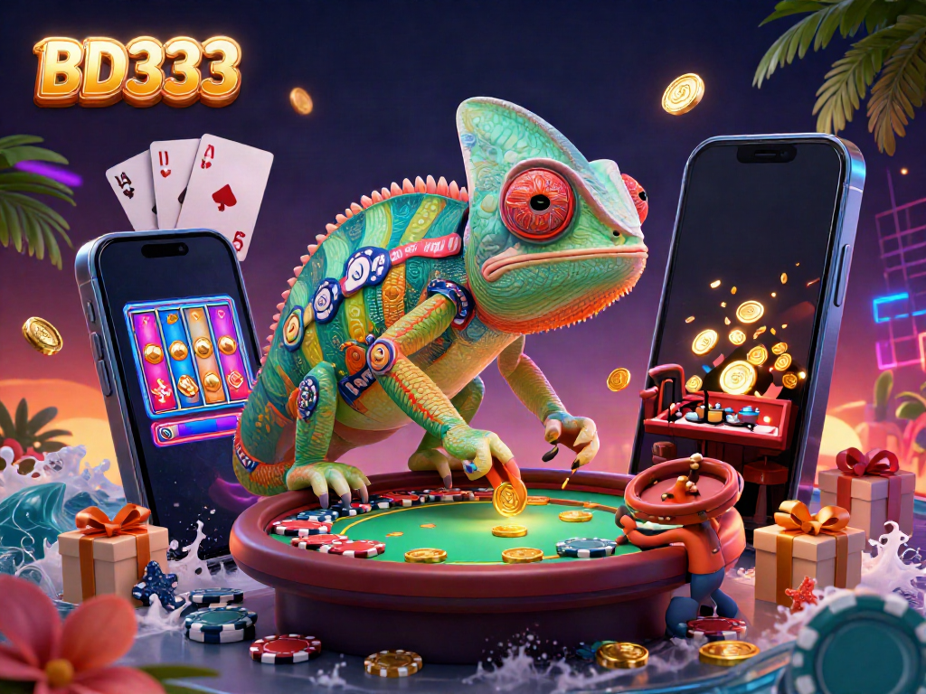 Engage with BD333 through a vibrant casino scene featuring a chameleon owner, slot games, and dynamic action.
