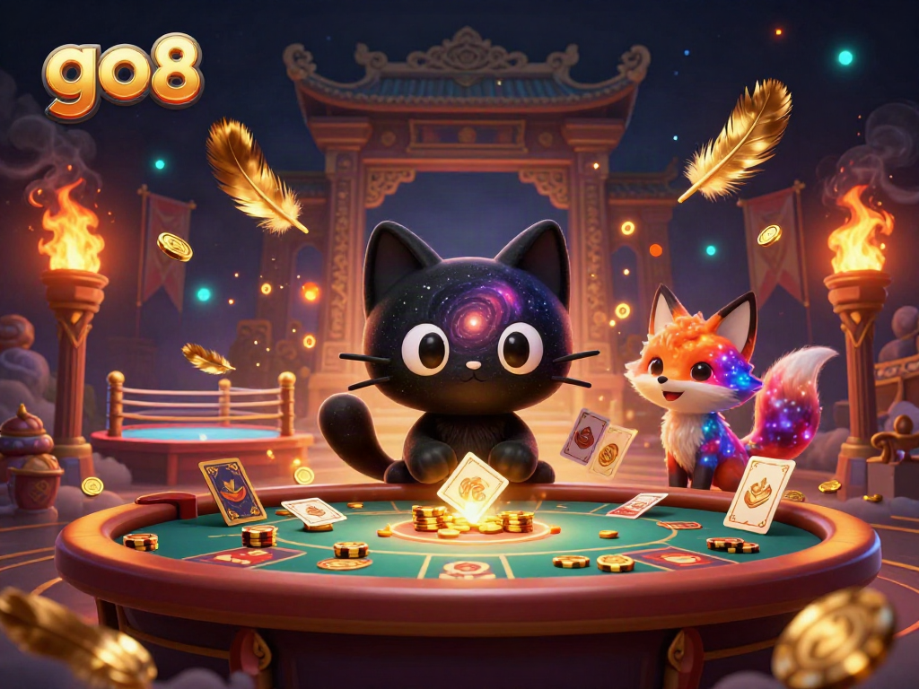 Experience cosmic gaming magic with the go8 black hole cat pulling in golden gambling chips at a vibrant casino table.