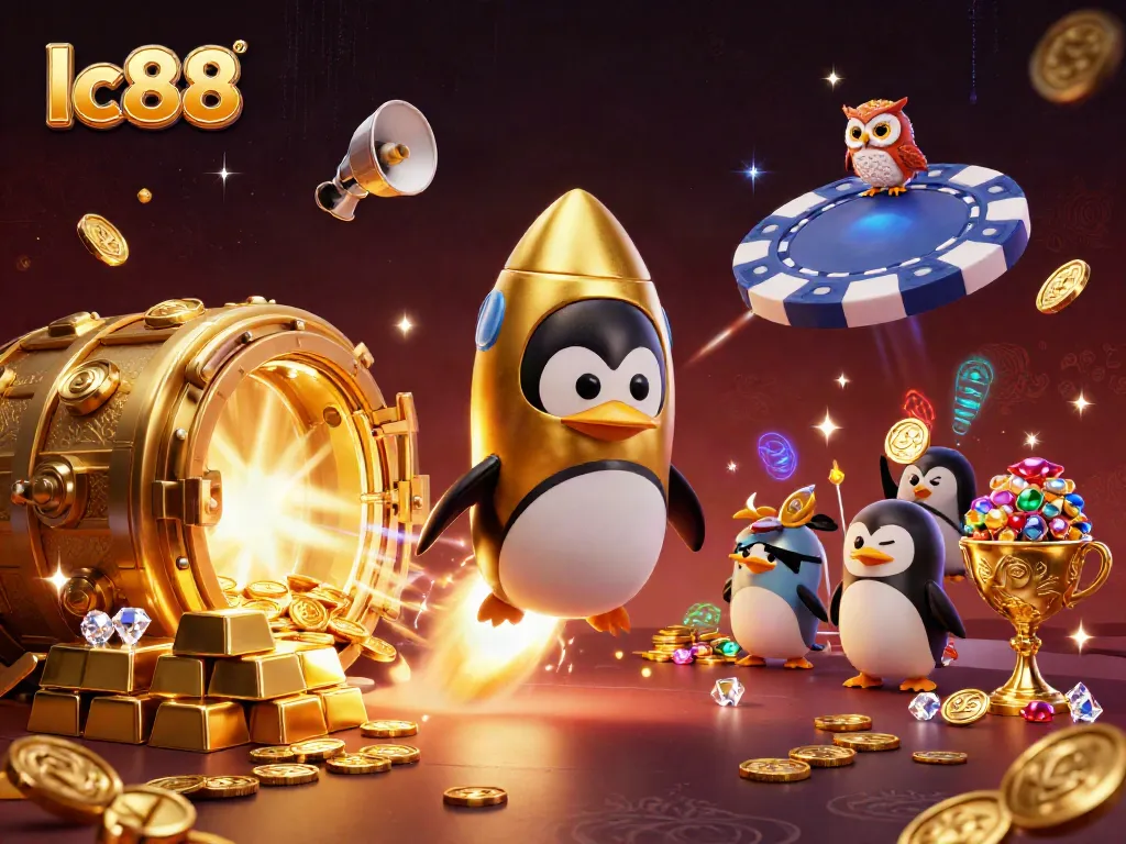 Experience the excitement of lc88 with a vibrant 3D casino scene featuring treasure, penguins, and gold