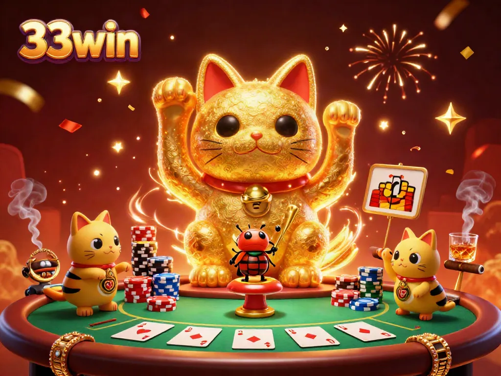 Experience the excitement of 33win casinos with a vibrant illustration featuring lucky symbols and energetic characters.