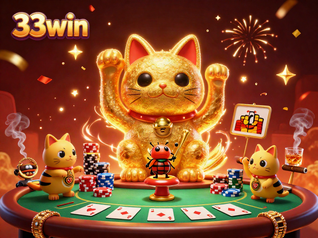 Experience the excitement of 33win casinos with a vibrant illustration featuring lucky symbols and energetic characters.