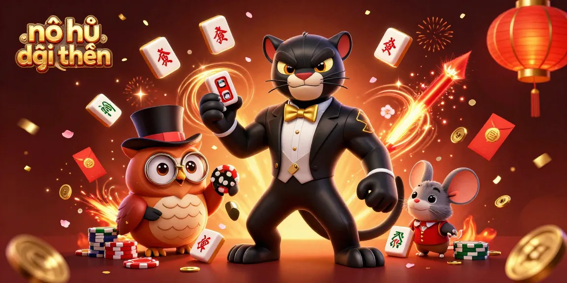Experience thrilling nổ hũ đổi thưởng games with a stylish panther, an owl, and a fortunate mouse amidst vibrant casino elements.