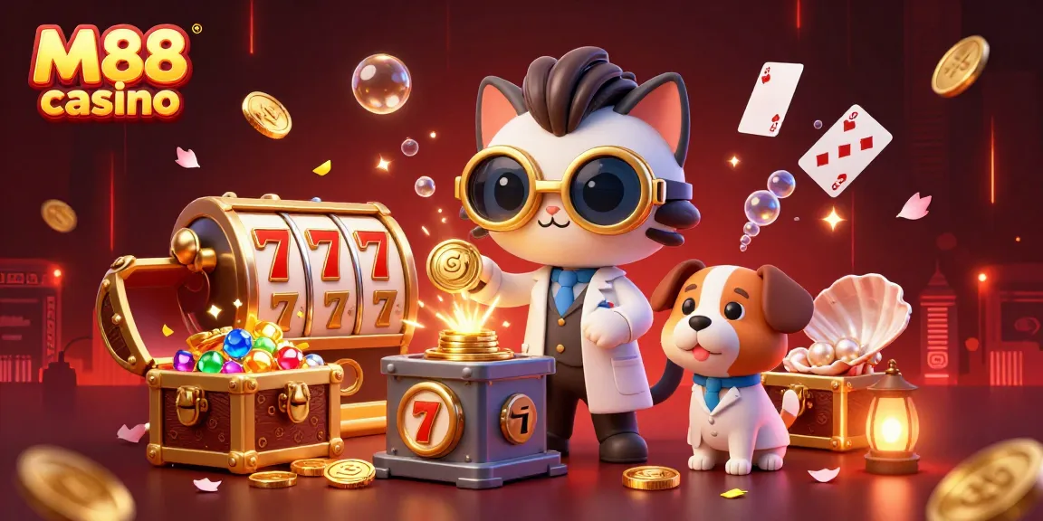 M88 casino showcases thrilling slot games with a fun cartoon mad scientist cat and dog in a vibrant casino scene.