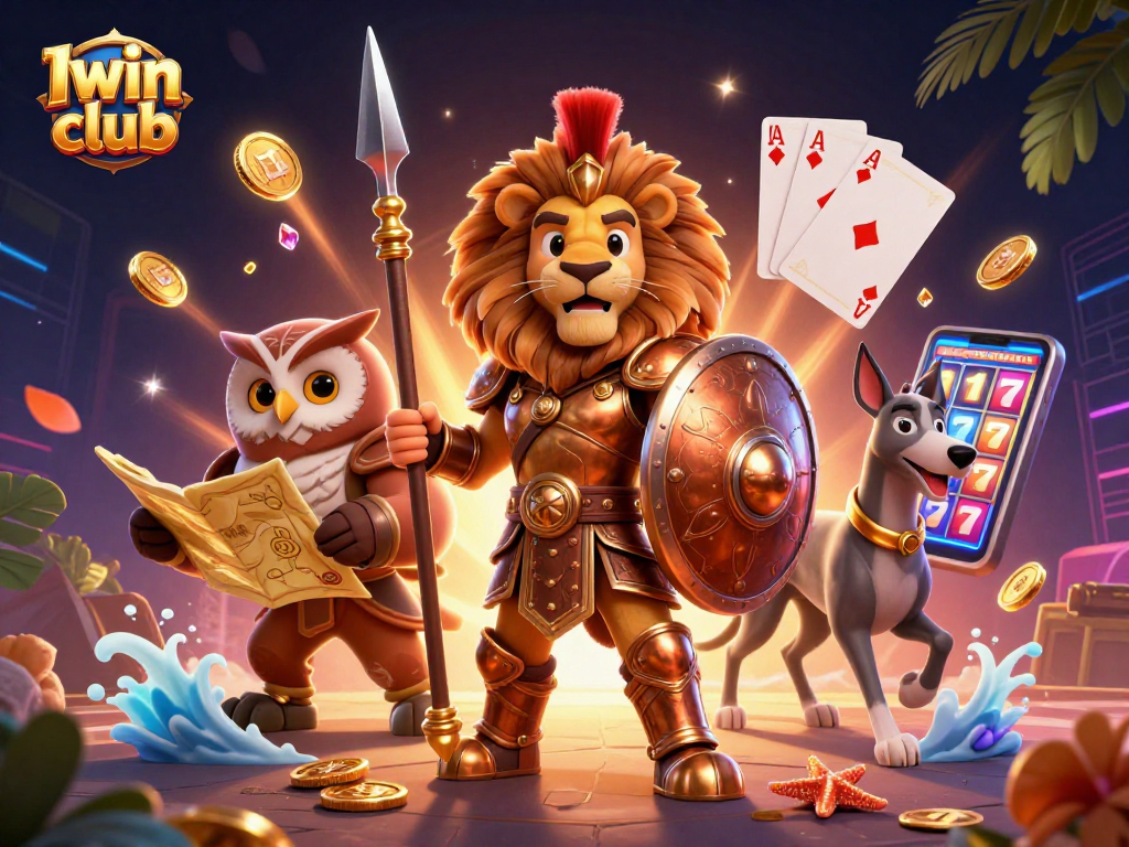 Iwin club features a vibrant 3D illustration with a Spartan lion, owl strategist, and greyhound among casino elements.
