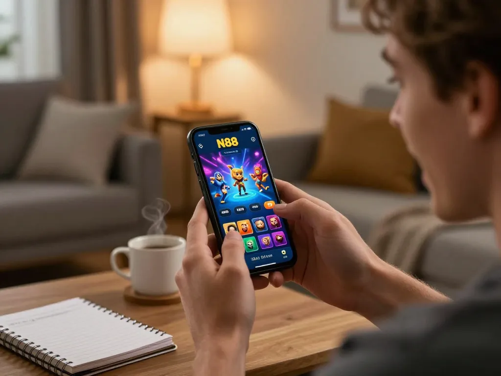 N88 players engage with interactive casino app showcasing thrilling games and strategies.